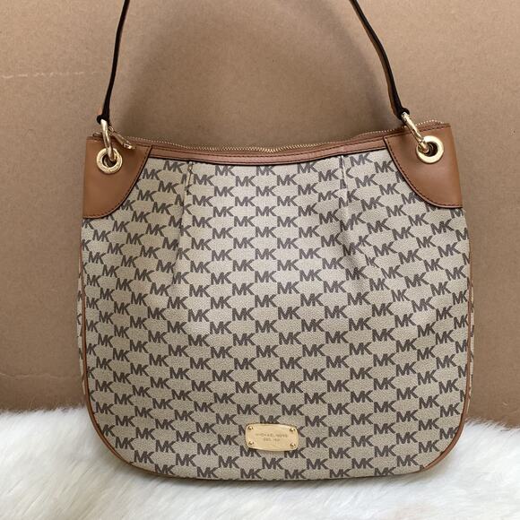 MICHAEL KORS JET SET Logo Nat'l/Acorn Large Pleated NS Convertible Shoulder Bag - Picture 3 of 16